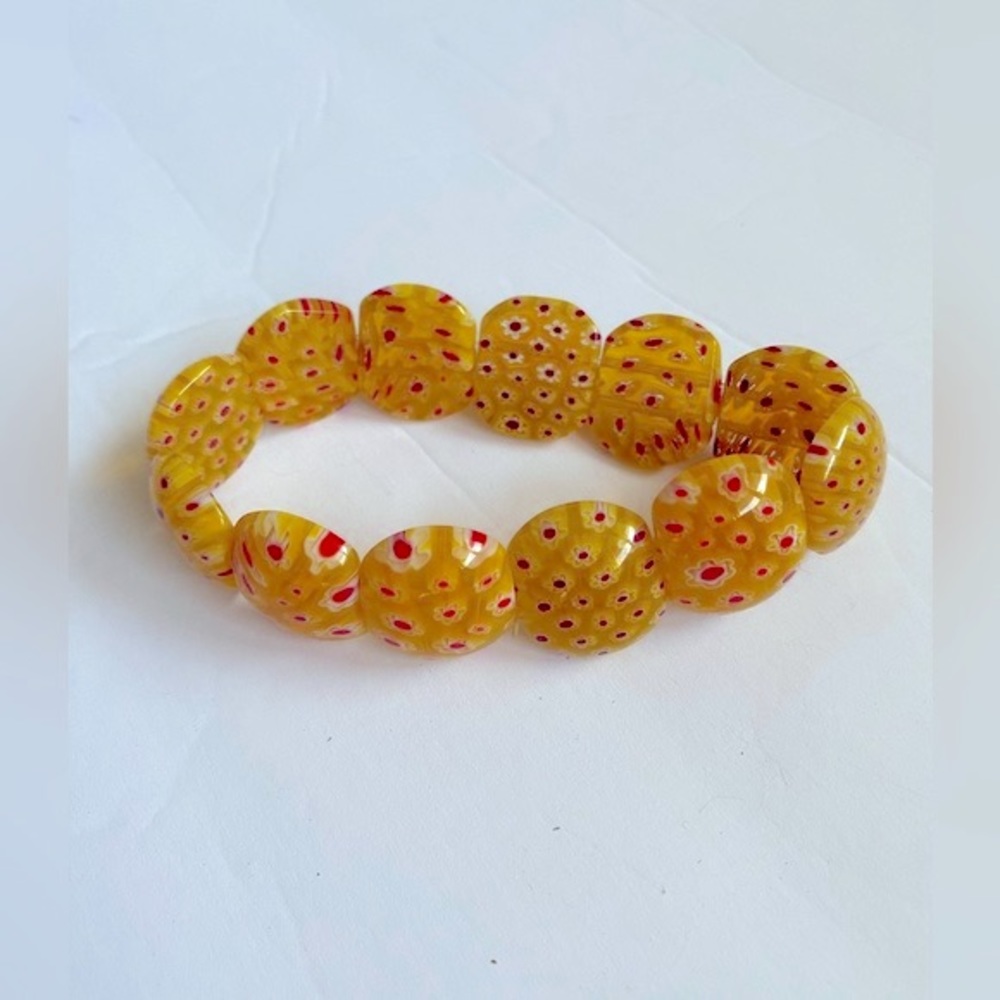 Enamel Yellow w/Tiny Flowers on Double Elastic Vintage 8" Bracelet - Picture 2 of 5
